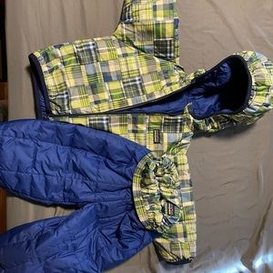 Patagonia reversible toddler snow suit set.